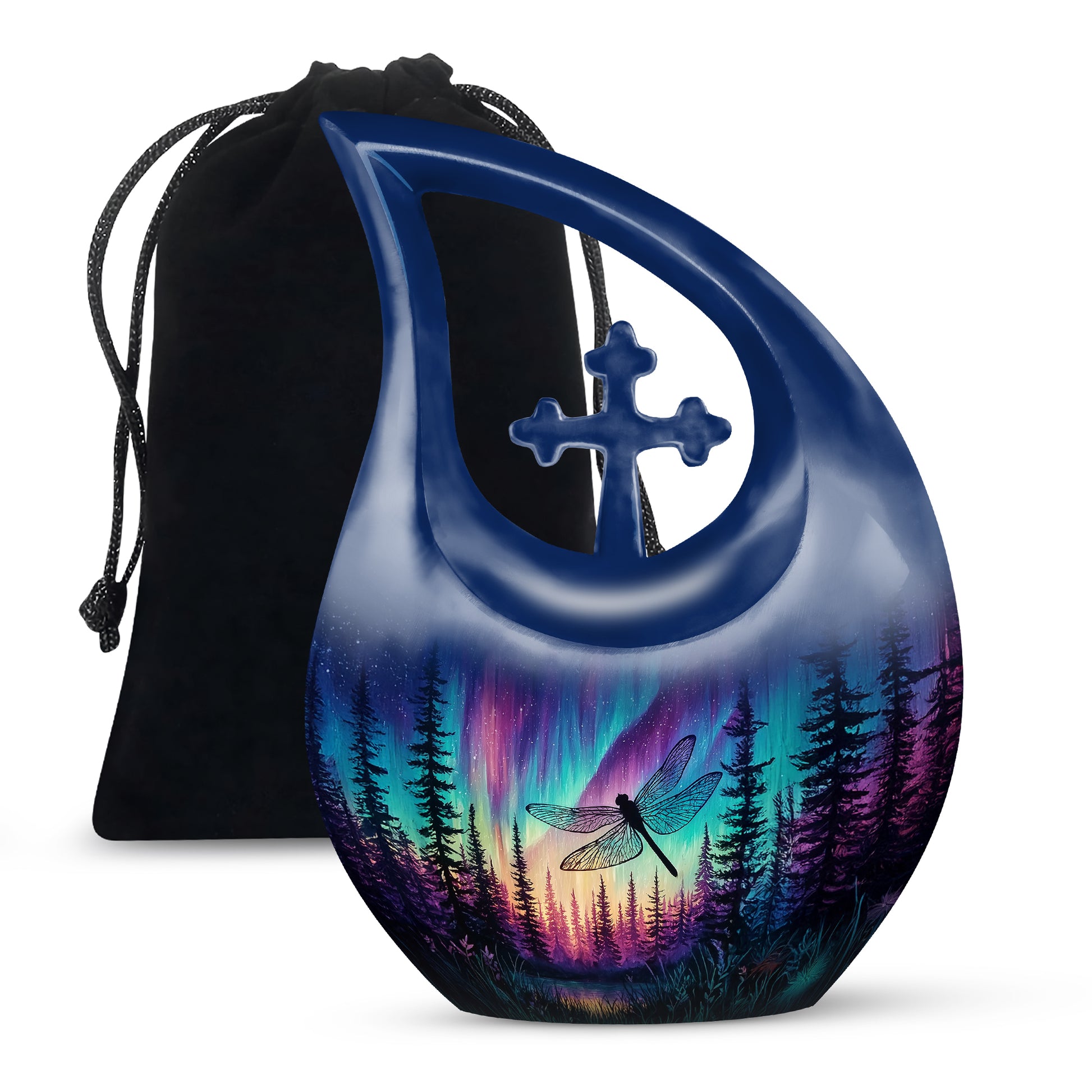 Cobalt Blue Dragonfly Cremation Urn top-down view of secure threaded lid - faith-inspired cross-drop urn with dragonfly pattern - full-size 10 inch 200 cubic inch adult cremation urn