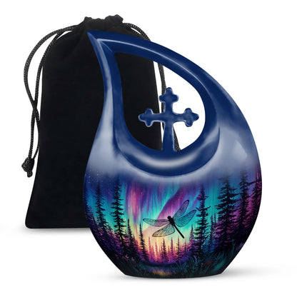 Cobalt Blue Dragonfly Cremation Urn top-down view of secure threaded lid - faith-inspired cross-drop urn with dragonfly pattern - full-size 10 inch 200 cubic inch adult cremation urn