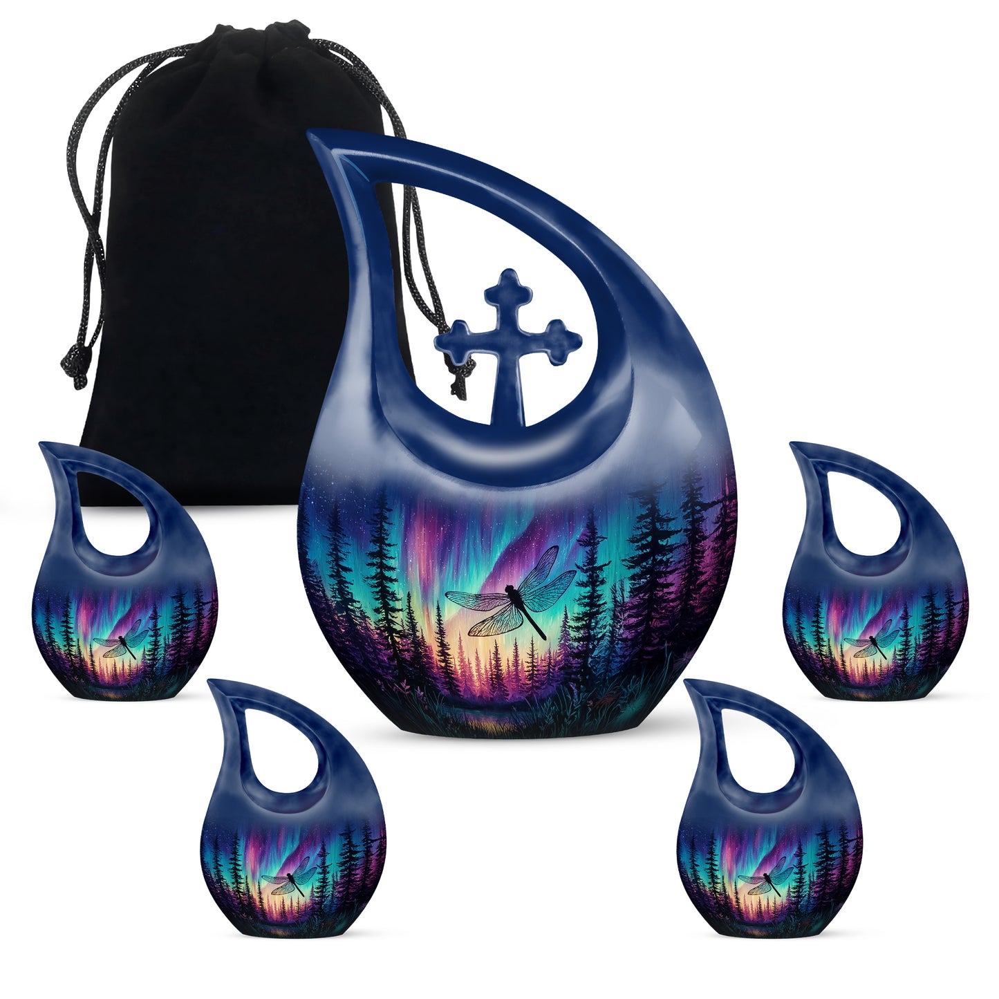 Pastel Blue Dragonfly Cremation Urn urn with complimentary velvet bag - cross and dragonfly combined in spiritual memorial design - memorial set with one large and four small urns