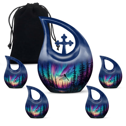 Pastel Blue Dragonfly Cremation Urn urn with complimentary velvet bag - cross and dragonfly combined in spiritual memorial design - memorial set with one large and four small urns