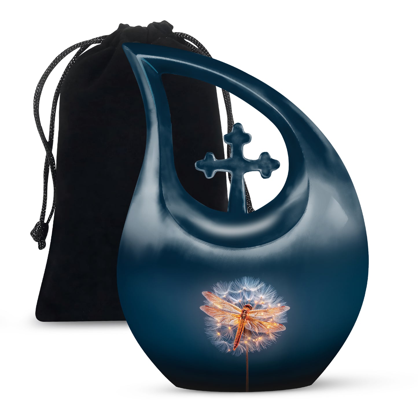 Sapphire Blue Dragonfly Cremation Urn top-down view of secure threaded lid - faith-inspired cross-drop urn with dragonfly pattern - full-size 10 inch 200 cubic inch adult cremation urn