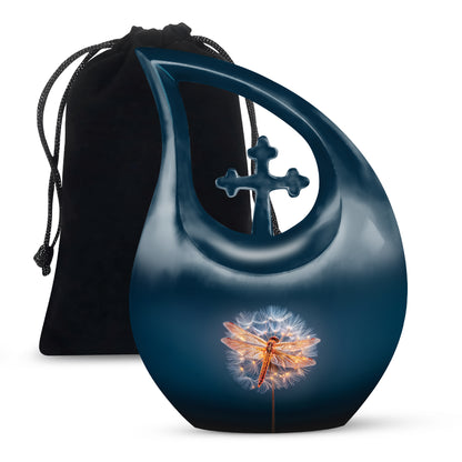 Sapphire Blue Dragonfly Cremation Urn top-down view of secure threaded lid - faith-inspired cross-drop urn with dragonfly pattern - full-size 10 inch 200 cubic inch adult cremation urn