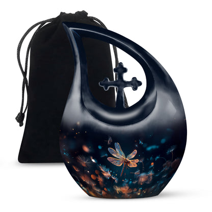 Pastel Blue Dragonfly Cremation Urn top-down view of secure threaded lid - cross and dragonfly combined in spiritual memorial design - full-size 10 inch 200 cubic inch adult cremation urn