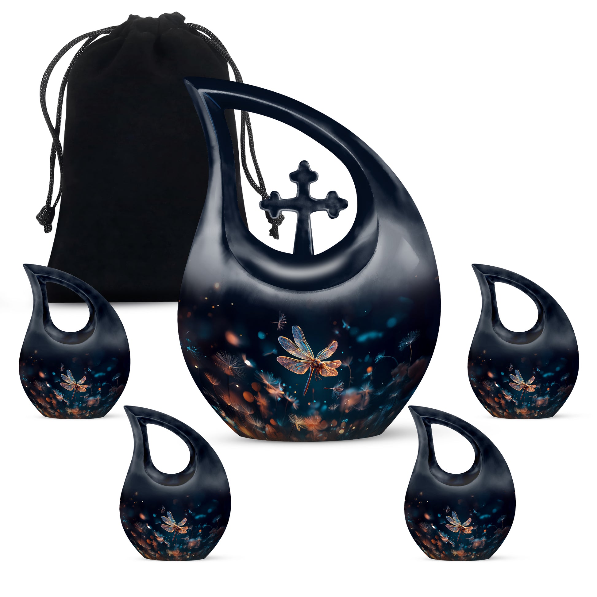 Slate Blue Dragonfly Cremation Urn urn with complimentary velvet bag - cross and dragonfly combined in spiritual memorial design - memorial set with one large and four small urns