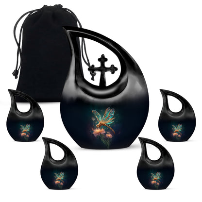 Steel Blue Dragonfly Cremation Urn urn with complimentary velvet bag - faith-inspired cross-drop urn with dragonfly pattern - memorial set with one large and four small urns