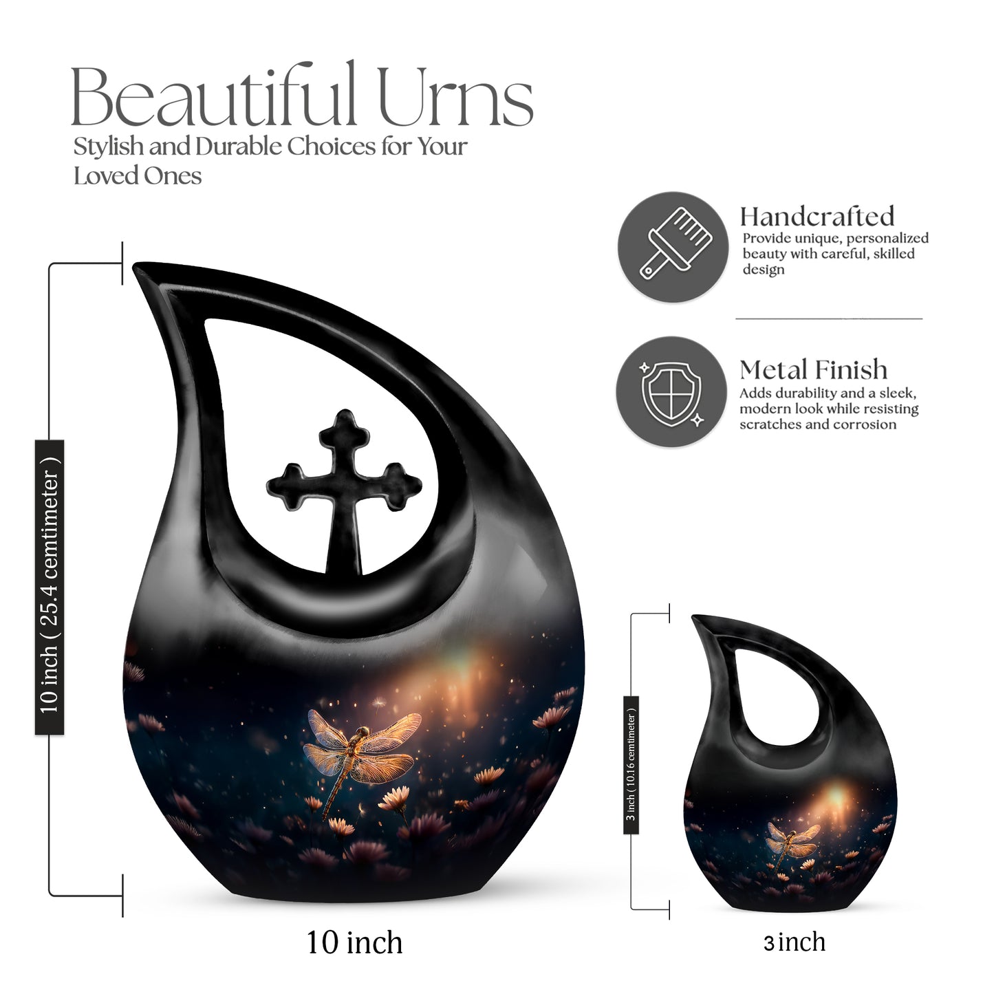 Navy Blue Dragonfly Cremation Urn back view with polished surface - sacred cross merged with dragonfly motif on metal - mini keepsake memorial for portion of cremation ashes