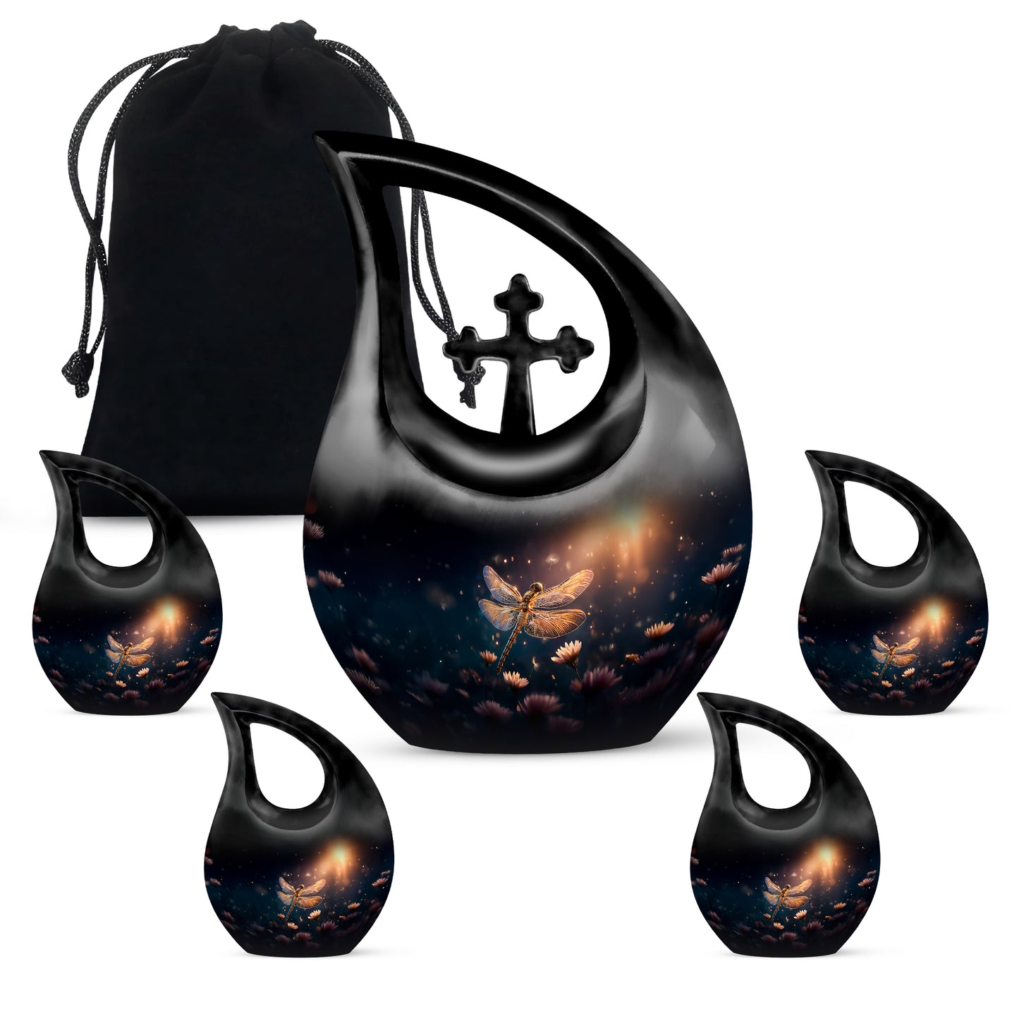 Celestial Blue Dragonfly Cremation Urn urn with complimentary velvet bag - sacred cross merged with dragonfly motif on metal - memorial set with one large and four small urns