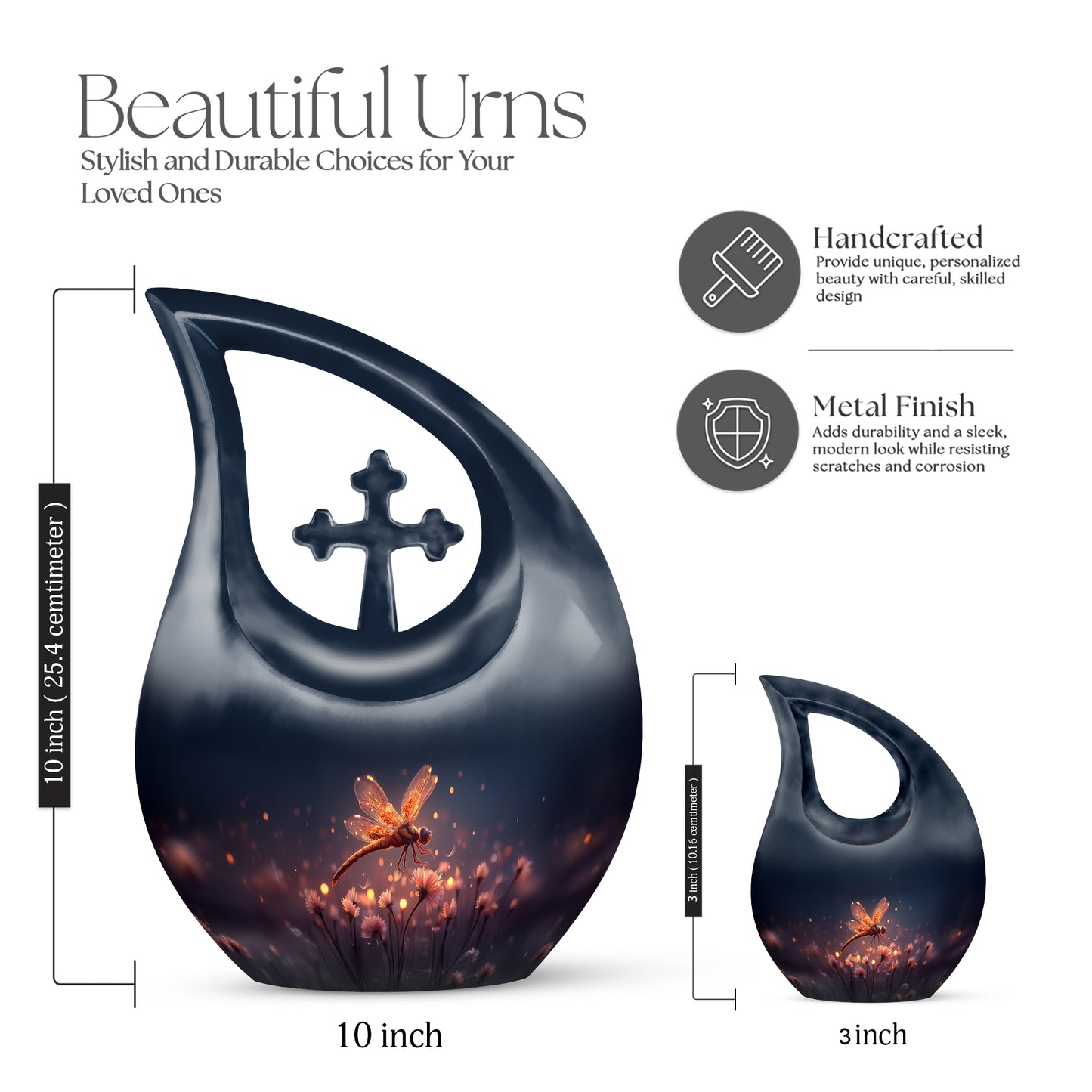 Navy Blue Dragonfly Cremation Urn back view with polished surface - cross and dragonfly combined in spiritual memorial design - mini keepsake memorial for portion of cremation ashes