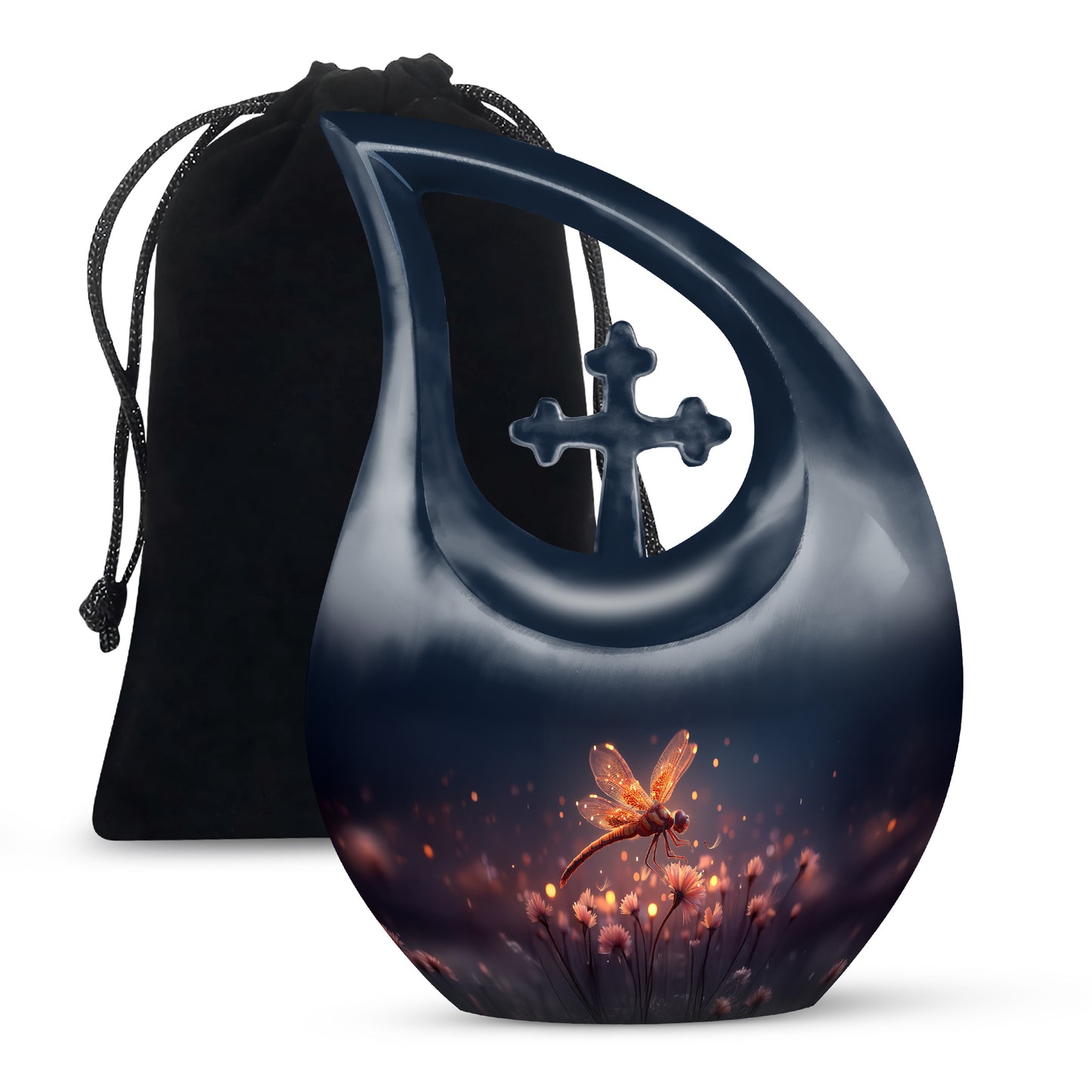 Misty Blue Dragonfly Cremation Urn top-down view of secure threaded lid - cross and dragonfly combined in spiritual memorial design - full-size 10 inch 200 cubic inch adult cremation urn