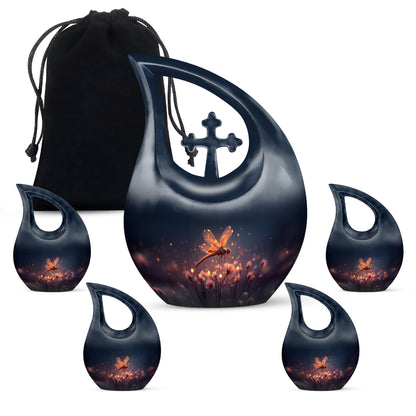 Calming Blue Dragonfly Cremation Urn urn with complimentary velvet bag - faith-inspired cross-drop urn with dragonfly pattern - memorial set with one large and four small urns
