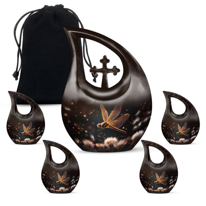 Jet Black Dragonfly Cremation Urn urn with complimentary velvet bag - sacred cross merged with dragonfly motif on metal - memorial set with one large and four small urns