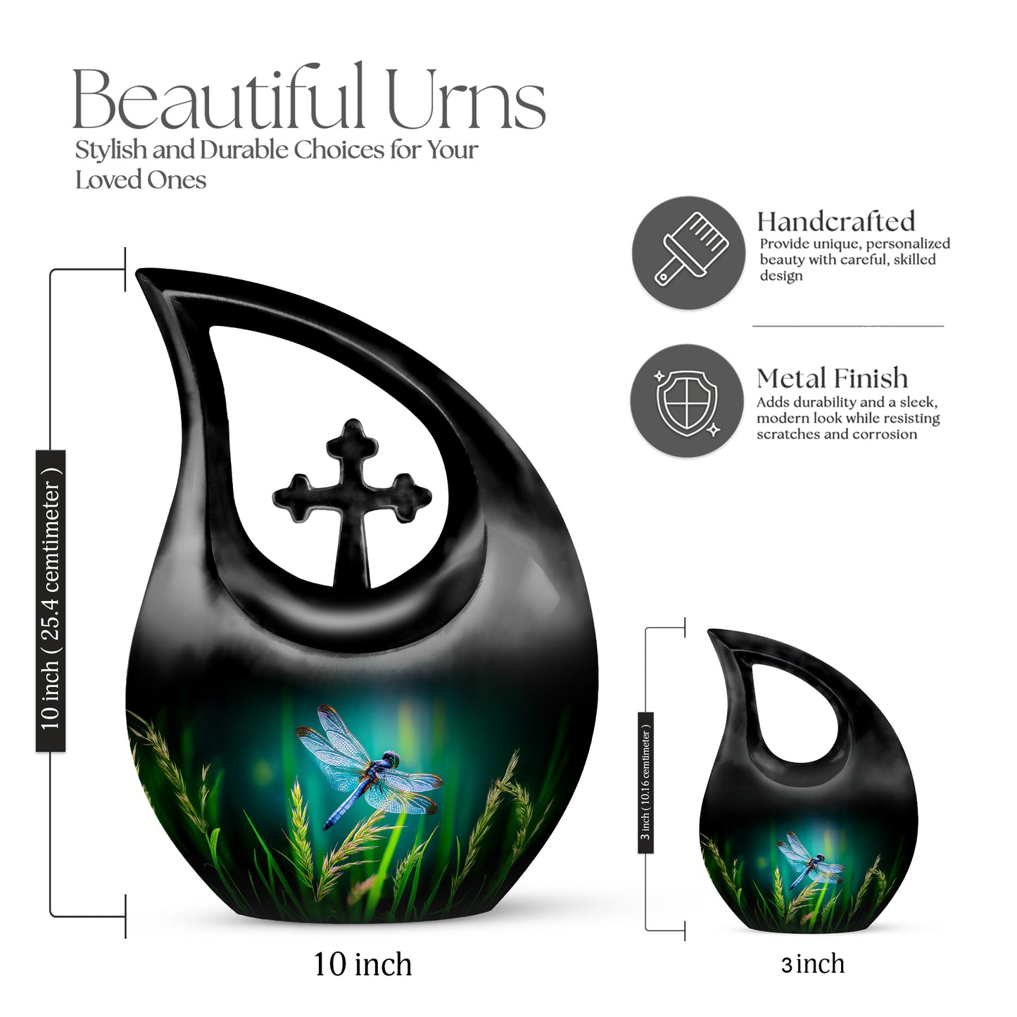 Mystic Teal Dragonfly Cremation Urn back view with polished surface - devotional cross-drop dragonfly engraving - mini keepsake memorial for portion of cremation ashes