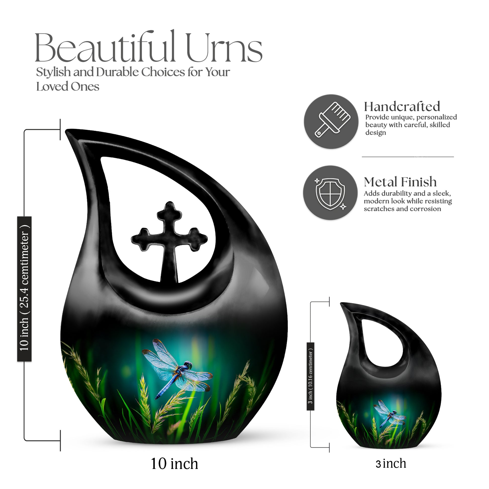 Mystic Teal Dragonfly Cremation Urn back view with polished surface - devotional cross-drop dragonfly engraving - mini keepsake memorial for portion of cremation ashes