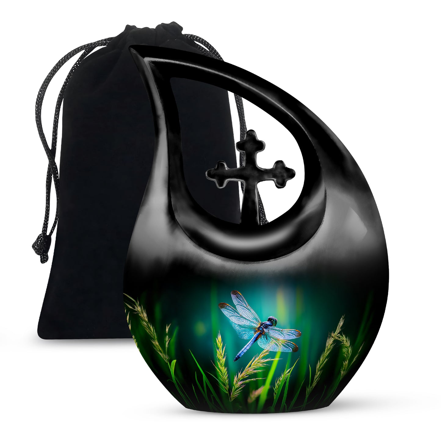 Vivid Teal Dragonfly Cremation Urn top-down view of secure threaded lid - devotional cross-drop dragonfly engraving - full-size 10 inch 200 cubic inch adult cremation urn