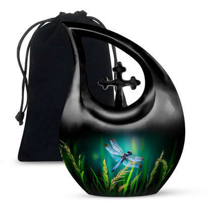 Vivid Teal Dragonfly Cremation Urn top-down view of secure threaded lid - devotional cross-drop dragonfly engraving - full-size 10 inch 200 cubic inch adult cremation urn