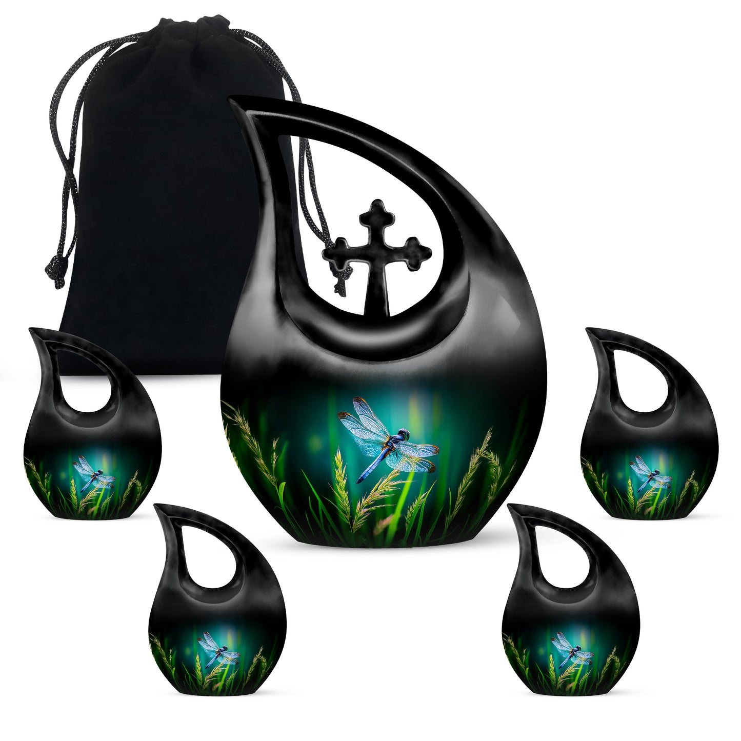 Deep Teal Dragonfly Cremation Urn urn with complimentary velvet bag - faith-inspired cross-drop urn with dragonfly pattern - memorial set with one large and four small urns