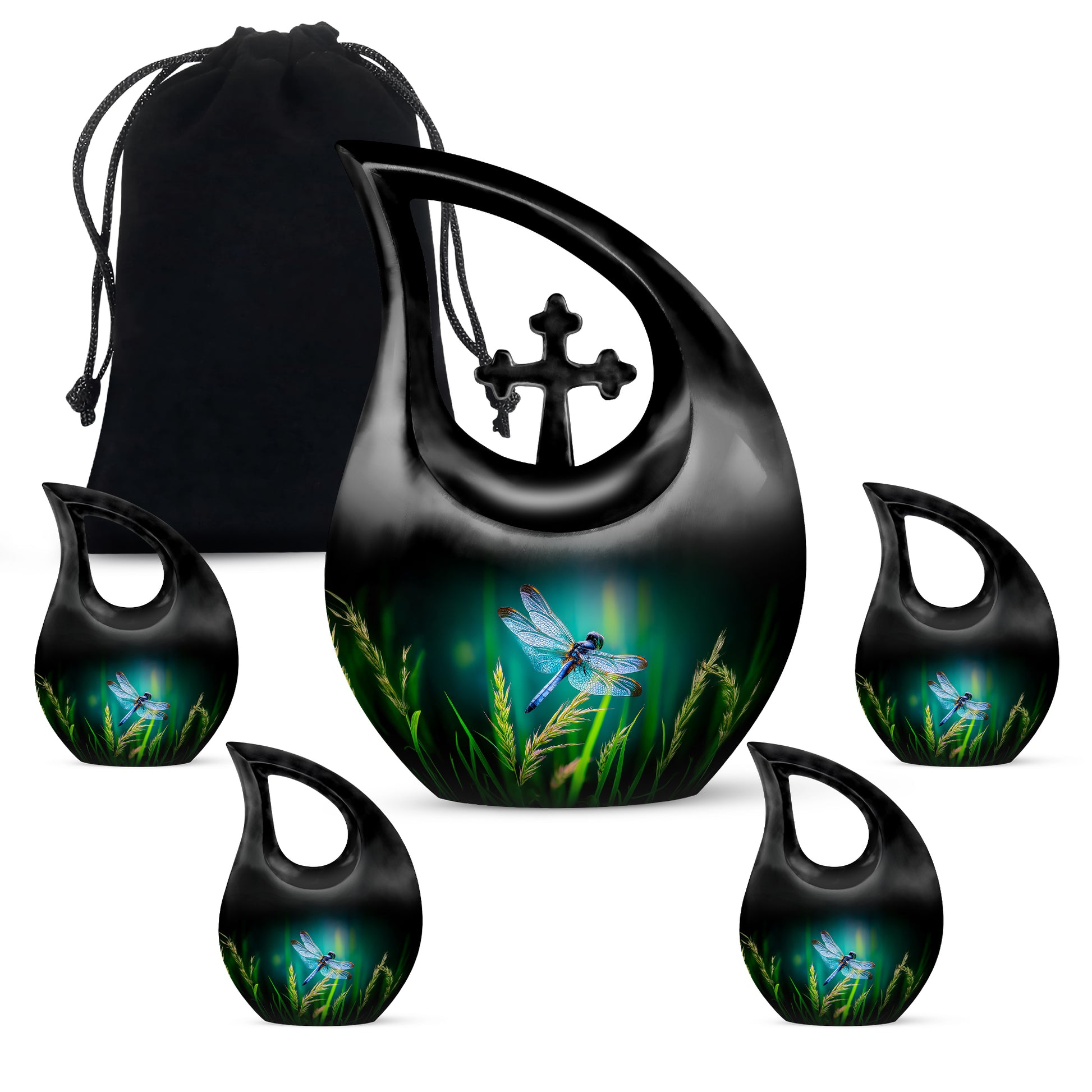 Deep Teal Dragonfly Cremation Urn urn with complimentary velvet bag - faith-inspired cross-drop urn with dragonfly pattern - memorial set with one large and four small urns