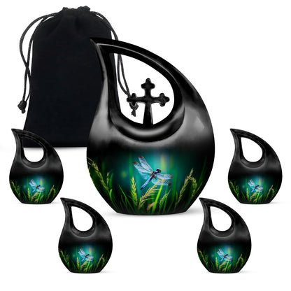 Deep Teal Dragonfly Cremation Urn urn with complimentary velvet bag - faith-inspired cross-drop urn with dragonfly pattern - memorial set with one large and four small urns
