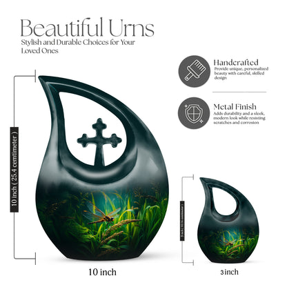 Glossy Black Dragonfly Cremation Urn back view with polished surface - cross and dragonfly combined in spiritual memorial design - mini keepsake memorial for portion of cremation ashes