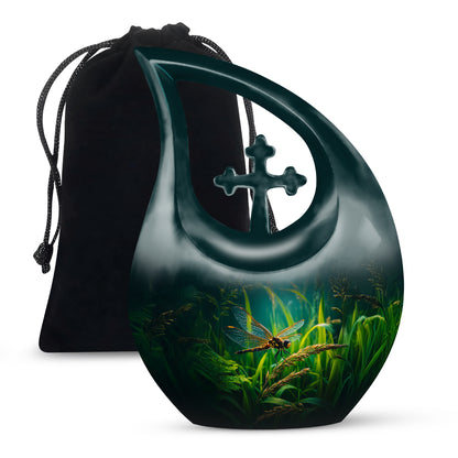 Onyx Black Dragonfly Cremation Urn top-down view of secure threaded lid - faith-inspired cross-drop urn with dragonfly pattern - full-size 10 inch 200 cubic inch adult cremation urn