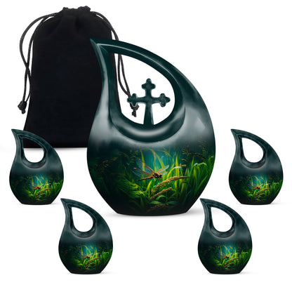 Rich Black Dragonfly Cremation Urn urn with complimentary velvet bag - sacred cross merged with dragonfly motif on metal - memorial set with one large and four small urns
