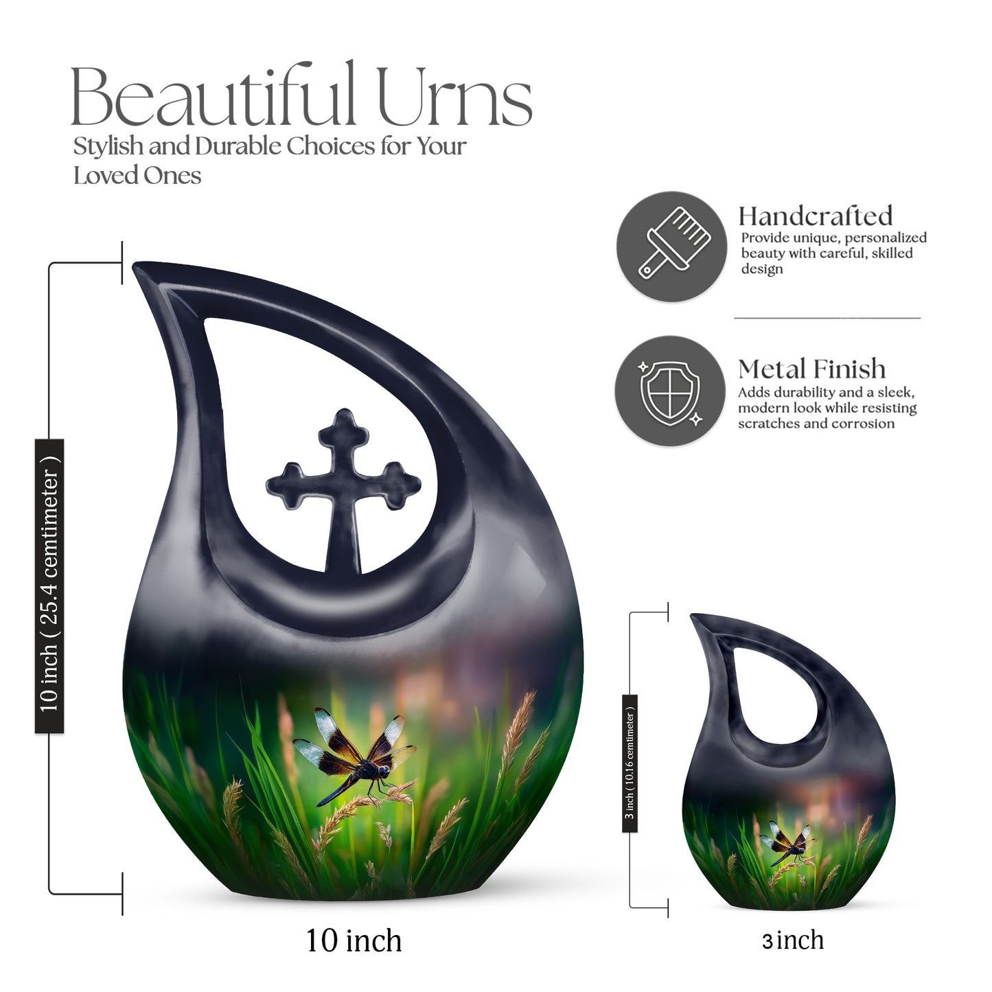 Vivid Teal Dragonfly Cremation Urn back view with polished surface - devotional cross-drop dragonfly engraving - mini keepsake memorial for portion of cremation ashes