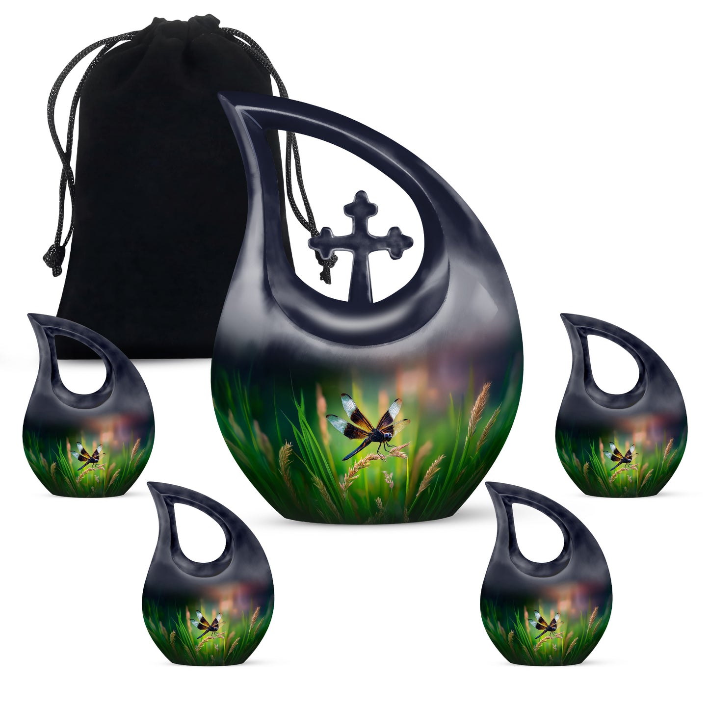 Sea Green Teal Dragonfly Cremation Urn urn with complimentary velvet bag - sacred cross merged with dragonfly motif on metal - memorial set with one large and four small urns