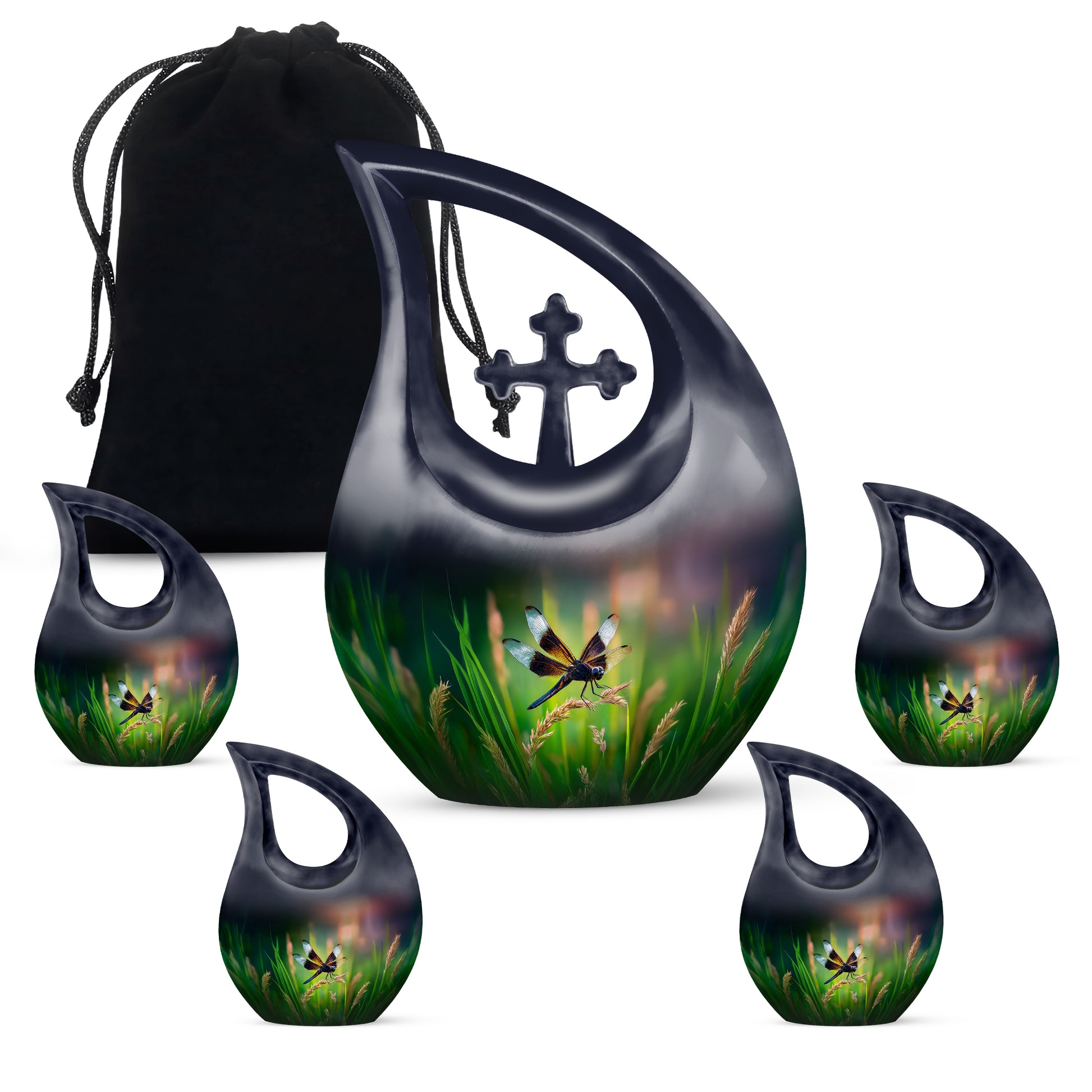 Sea Green Teal Dragonfly Cremation Urn urn with complimentary velvet bag - sacred cross merged with dragonfly motif on metal - memorial set with one large and four small urns