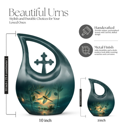 Deep Teal Dragonfly Cremation Urn back view with polished surface - faith-inspired cross-drop urn with dragonfly pattern - mini keepsake memorial for portion of cremation ashes