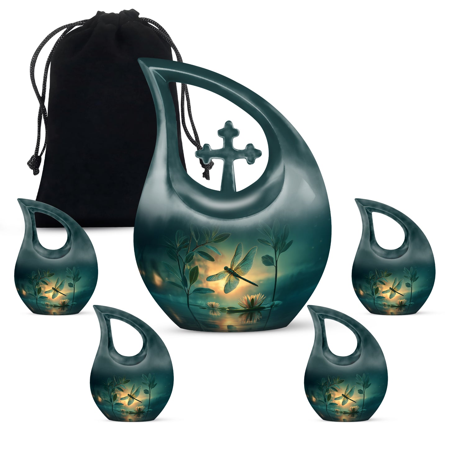 Deep Teal Dragonfly Cremation Urn urn with complimentary velvet bag - devotional cross-drop dragonfly engraving - memorial set with one large and four small urns