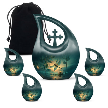 Deep Teal Dragonfly Cremation Urn urn with complimentary velvet bag - devotional cross-drop dragonfly engraving - memorial set with one large and four small urns