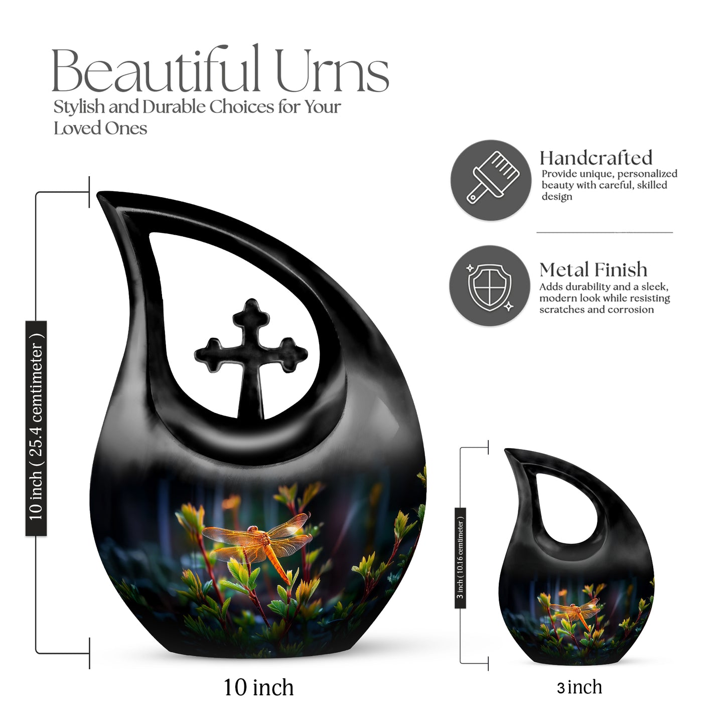 Midnight Black Dragonfly Cremation Urn back view with polished surface - faith-inspired cross-drop urn with dragonfly pattern - mini keepsake memorial for portion of cremation ashes