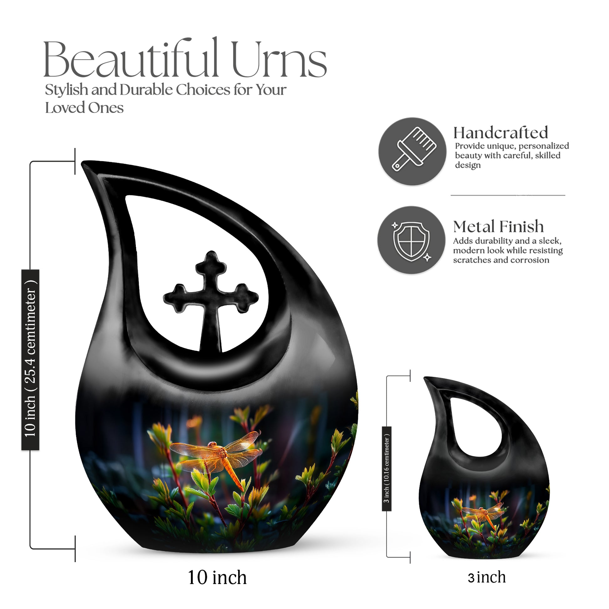 Midnight Black Dragonfly Cremation Urn back view with polished surface - faith-inspired cross-drop urn with dragonfly pattern - mini keepsake memorial for portion of cremation ashes