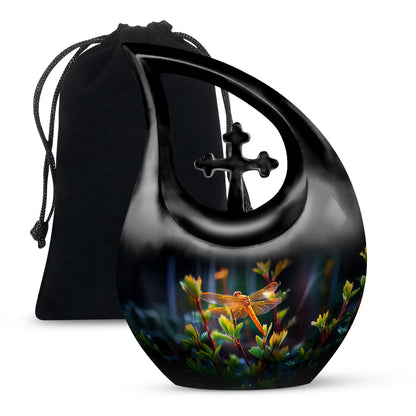 Deep Black Dragonfly Cremation Urn top-down view of secure threaded lid - cross and dragonfly combined in spiritual memorial design - full-size 10 inch 200 cubic inch adult cremation urn