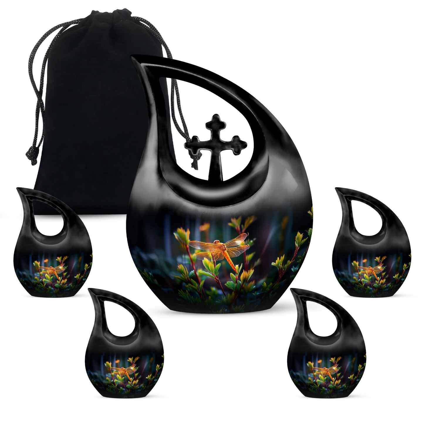Rich Black Dragonfly Cremation Urn urn with complimentary velvet bag - cross and dragonfly combined in spiritual memorial design - memorial set with one large and four small urns
