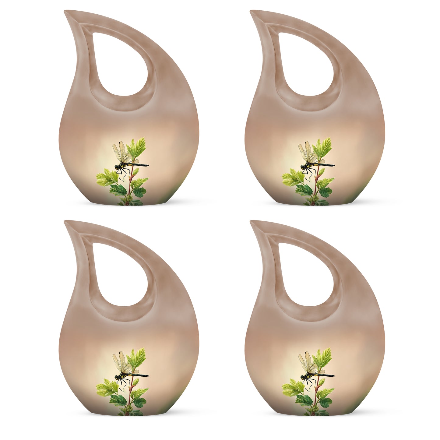 Amber Gold Dragonfly Cremation Urn lifestyle display on memorial shelf - cross and dragonfly combined in spiritual memorial design - 10 inch aluminum urn for cremated remains