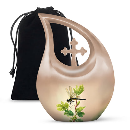 Burnished Gold Dragonfly Cremation Urn top-down view of secure threaded lid - faith-inspired cross-drop urn with dragonfly pattern - full-size 10 inch 200 cubic inch adult cremation urn