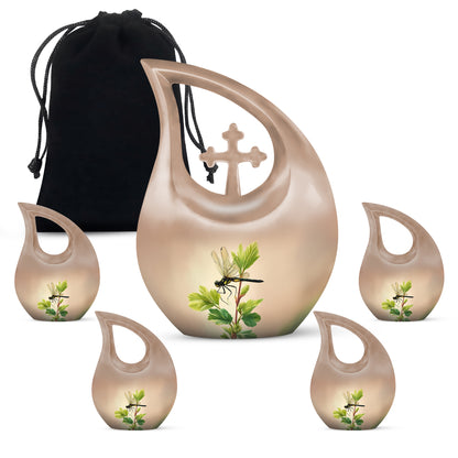 Warm Gold Dragonfly Cremation Urn urn with complimentary velvet bag - faith-inspired cross-drop urn with dragonfly pattern - memorial set with one large and four small urns