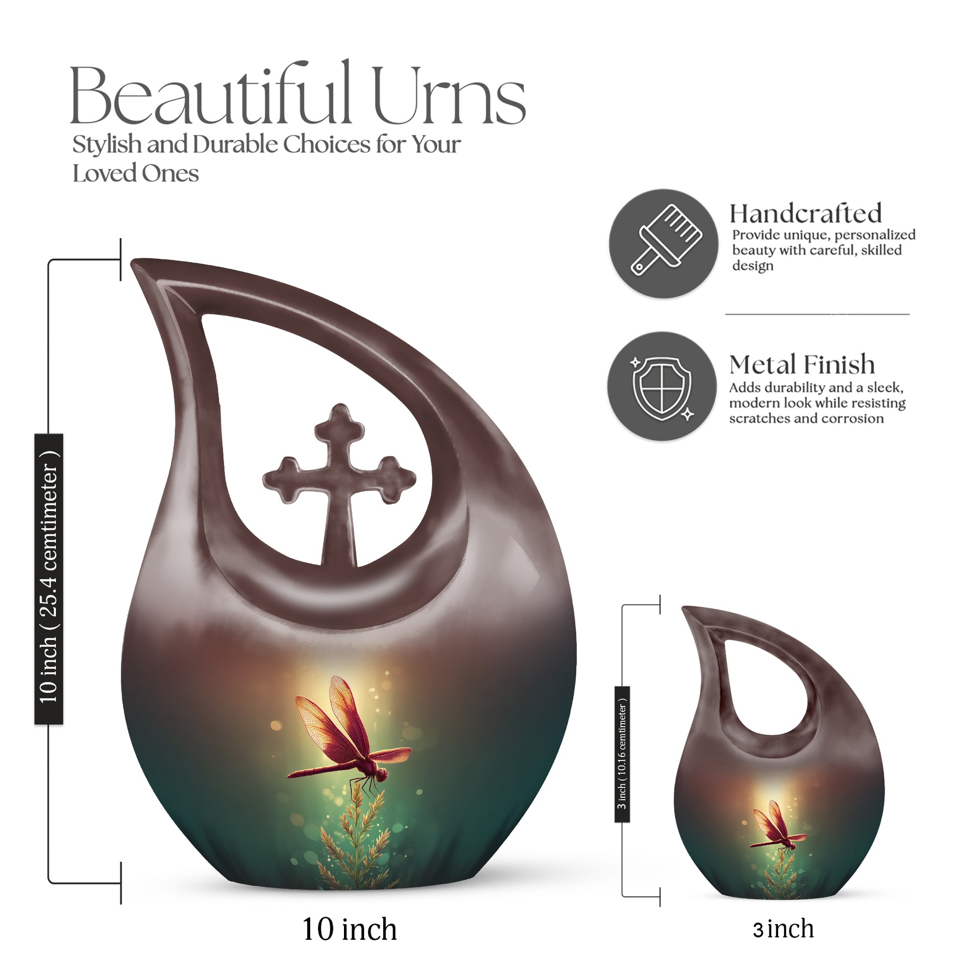 Antique Gold Dragonfly Cremation Urn back view with polished surface - cross and dragonfly combined in spiritual memorial design - mini keepsake memorial for portion of cremation ashes