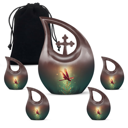 Sunrise Gold Dragonfly Cremation Urn urn with complimentary velvet bag - cross and dragonfly combined in spiritual memorial design - memorial set with one large and four small urns