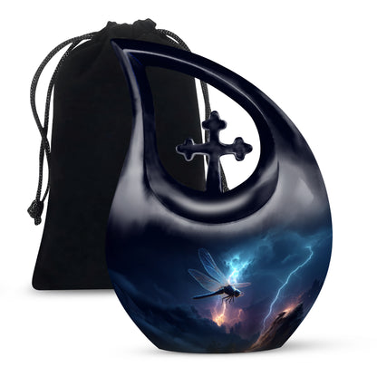 Icy Blue Dragonfly Cremation Urn top-down view of secure threaded lid - cross and dragonfly combined in spiritual memorial design - full-size 10 inch 200 cubic inch adult cremation urn