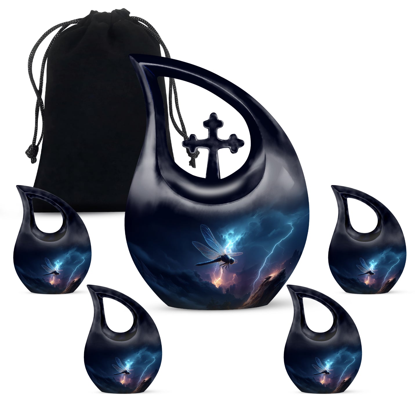 Cornflower Blue Dragonfly Cremation Urn urn with complimentary velvet bag - faith-inspired cross-drop urn with dragonfly pattern - memorial set with one large and four small urns