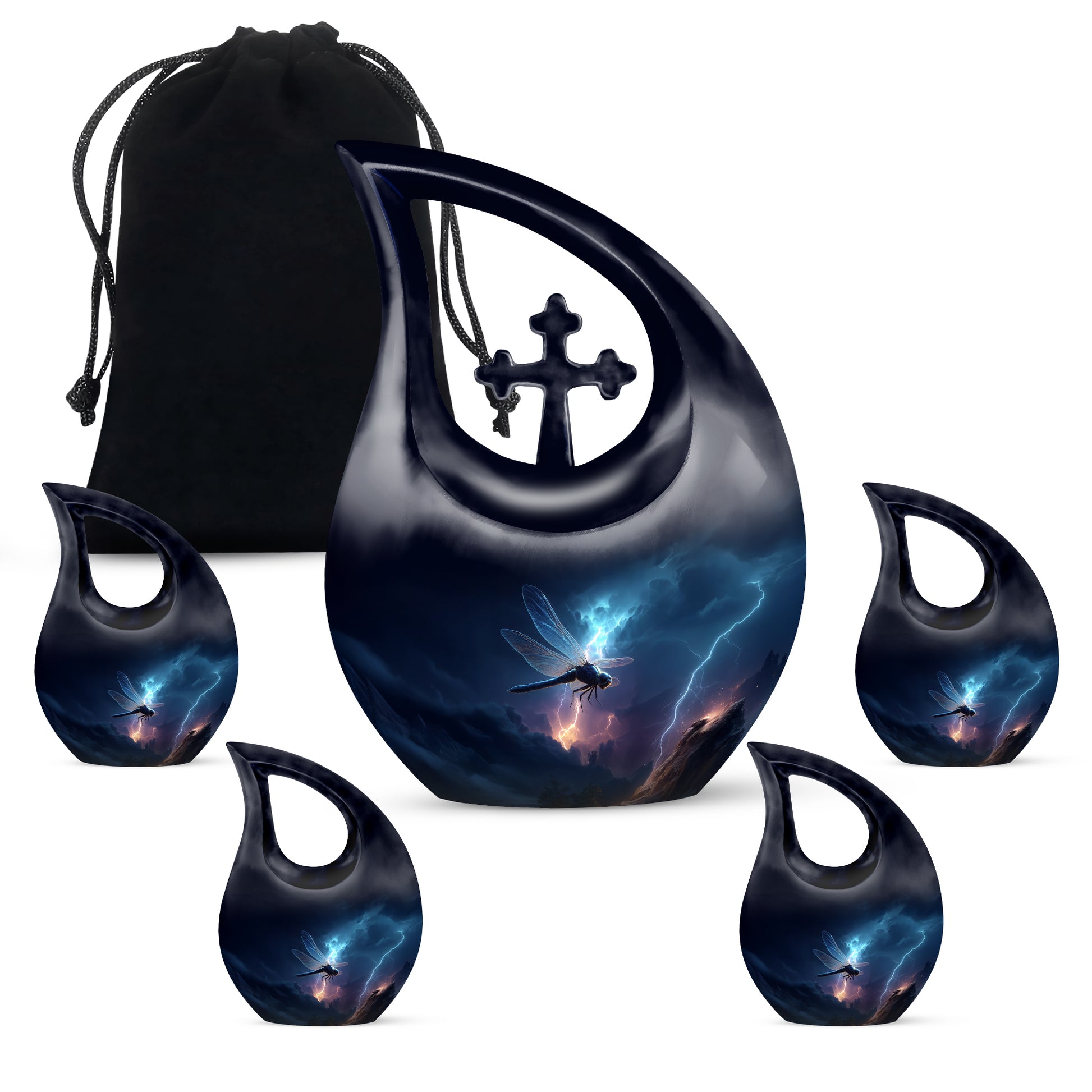 Cornflower Blue Dragonfly Cremation Urn urn with complimentary velvet bag - faith-inspired cross-drop urn with dragonfly pattern - memorial set with one large and four small urns