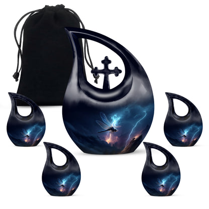 Cornflower Blue Dragonfly Cremation Urn urn with complimentary velvet bag - faith-inspired cross-drop urn with dragonfly pattern - memorial set with one large and four small urns