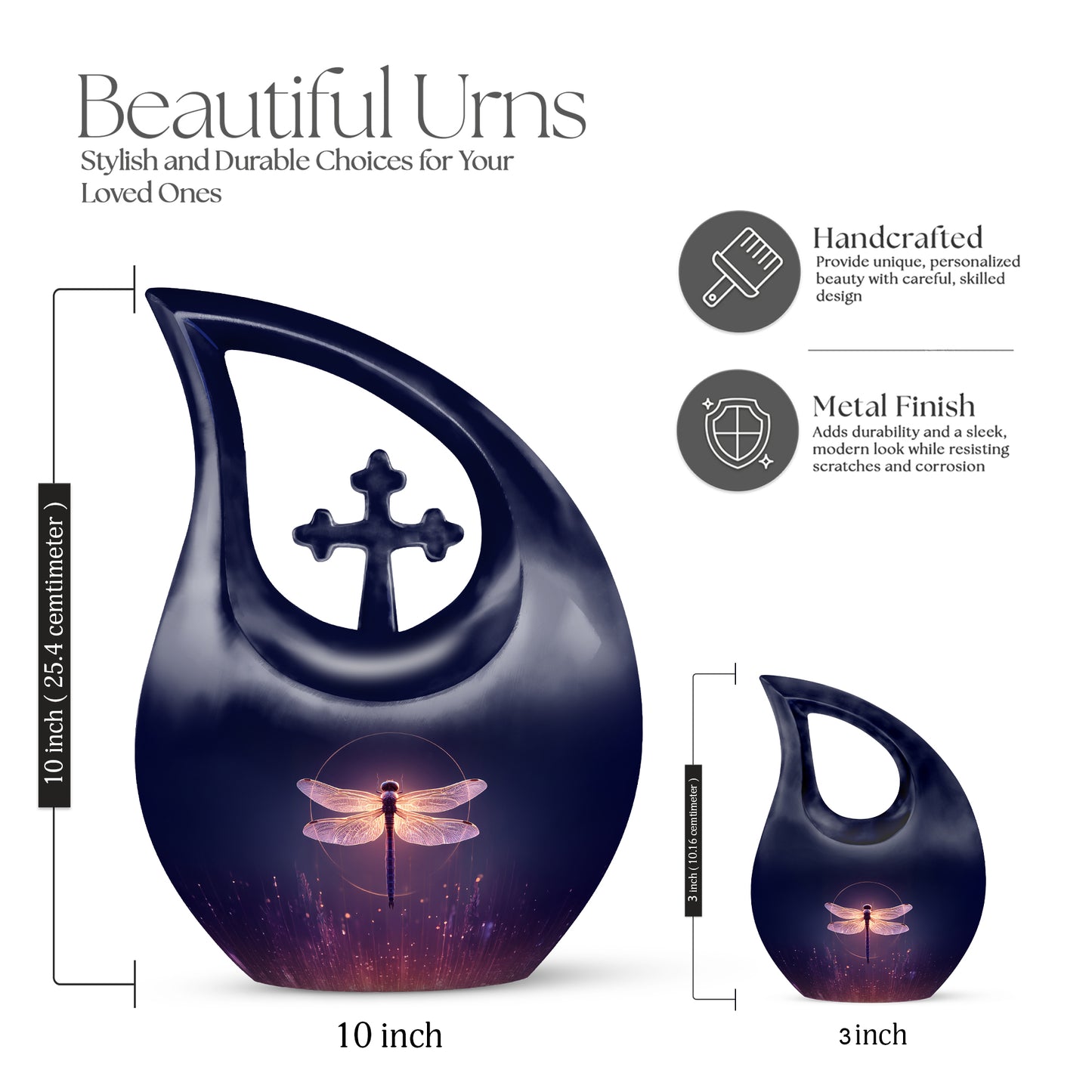 Serene Blue Dragonfly Cremation Urn back view with polished surface - devotional cross-drop dragonfly engraving - mini keepsake memorial for portion of cremation ashes