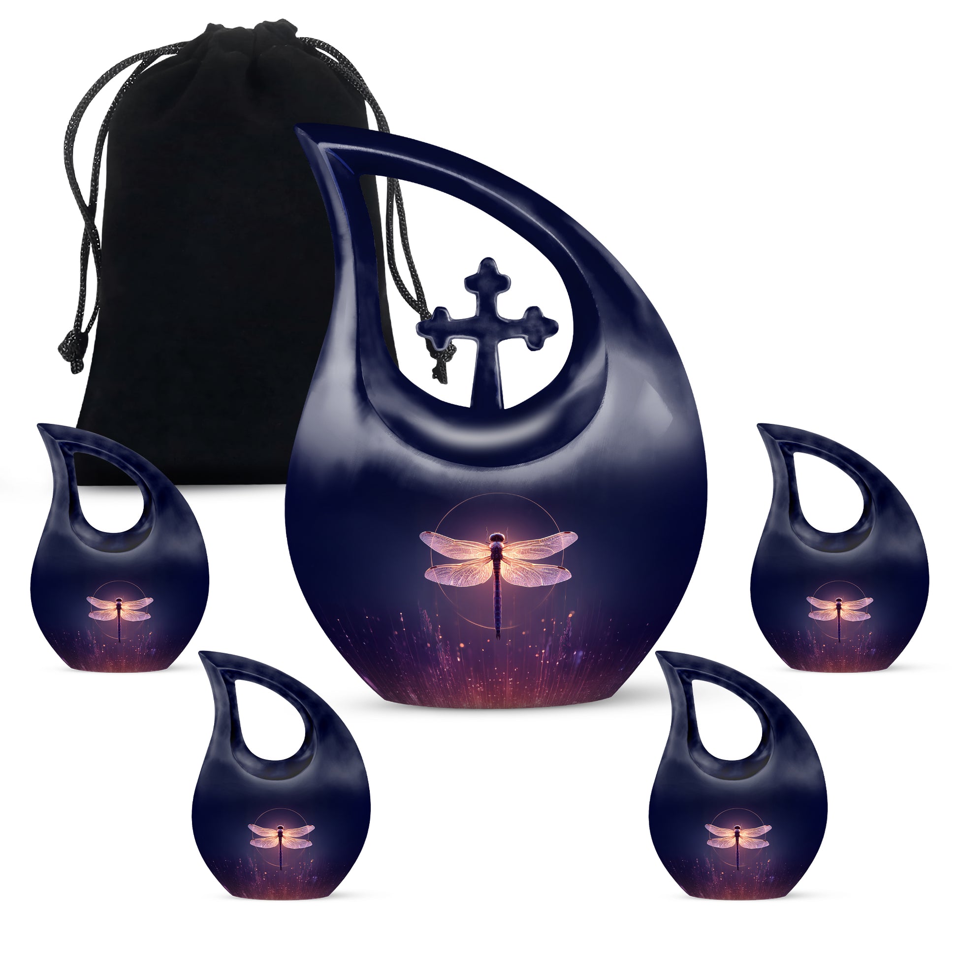 Sapphire Blue Dragonfly Cremation Urn urn with complimentary velvet bag - faith-inspired cross-drop urn with dragonfly pattern - memorial set with one large and four small urns