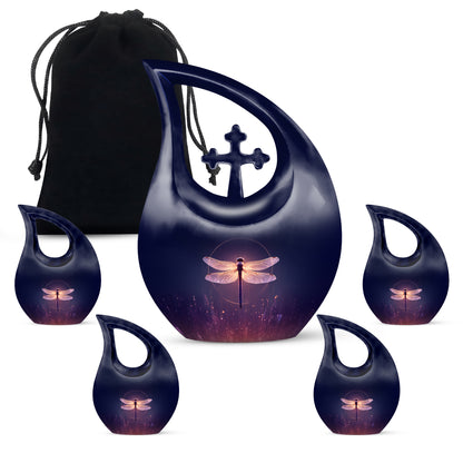 Sapphire Blue Dragonfly Cremation Urn urn with complimentary velvet bag - faith-inspired cross-drop urn with dragonfly pattern - memorial set with one large and four small urns