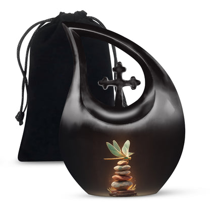 Cherry Red Dragonfly Cremation Urn top-down view of secure threaded lid - faith-inspired cross-drop urn with dragonfly pattern - full-size 10 inch 200 cubic inch adult cremation urn