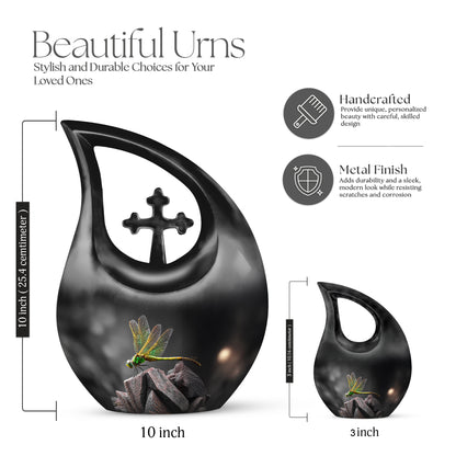 Rich Black Dragonfly Cremation Urn back view with polished surface - sacred cross merged with dragonfly motif on metal - mini keepsake memorial for portion of cremation ashes