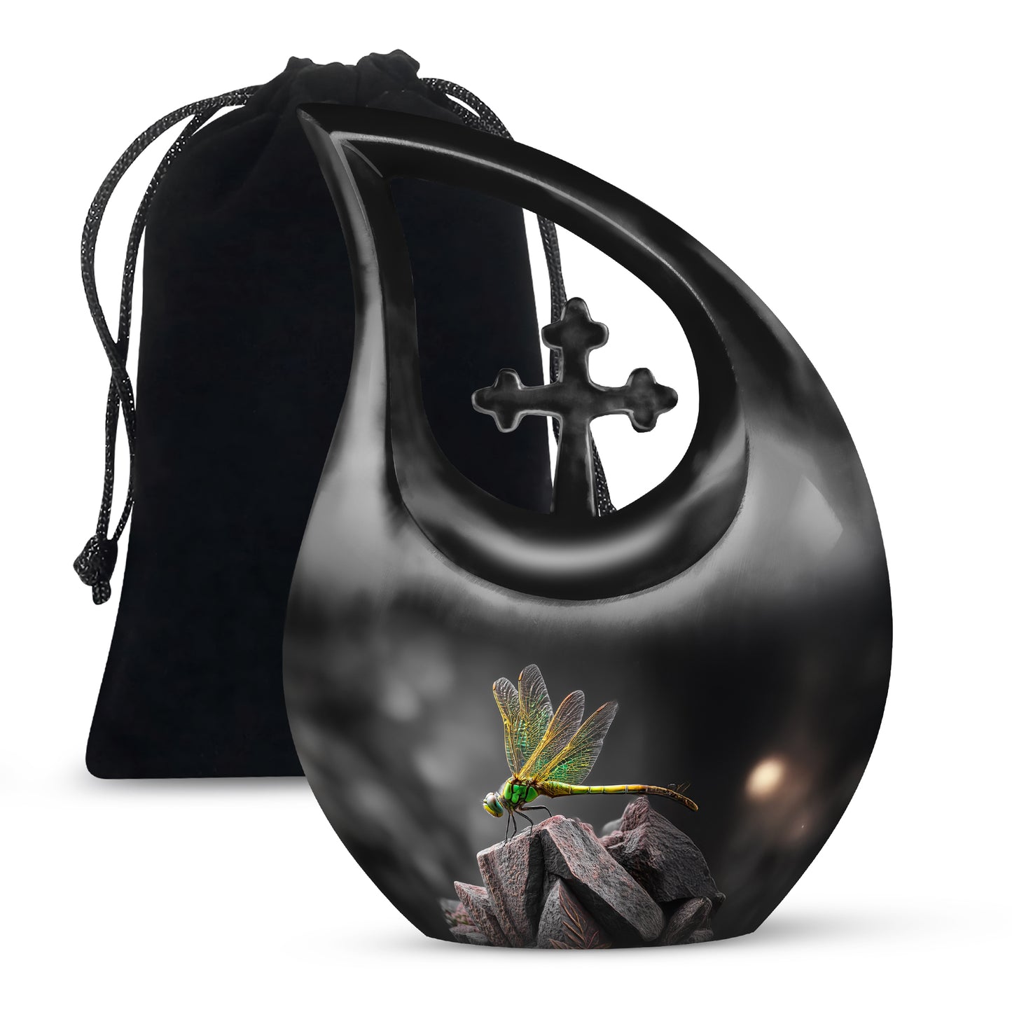 Dark Black Dragonfly Cremation Urn top-down view of secure threaded lid - devotional cross-drop dragonfly engraving - full-size 10 inch 200 cubic inch adult cremation urn